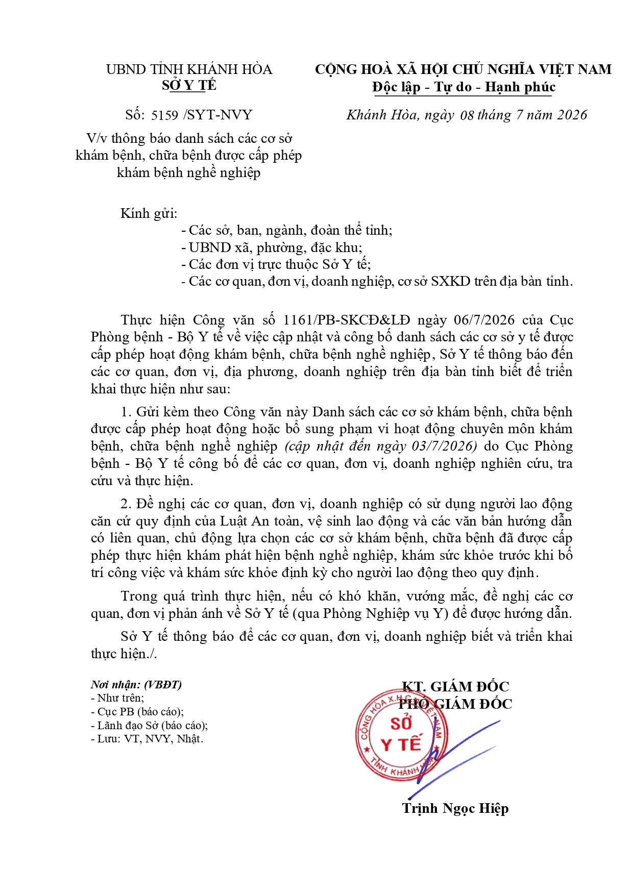 V/v thông báo danh sách các cơ sở khám bệnh, chữa bệnh được cấp phép khám bệnh nghề nghiệp